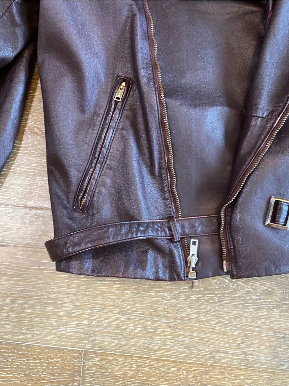 Banzai 80s Leather Motorcycle Belted Zip Up Jacket Maroon Brown Draped Waterfall - Picture 5 of 9